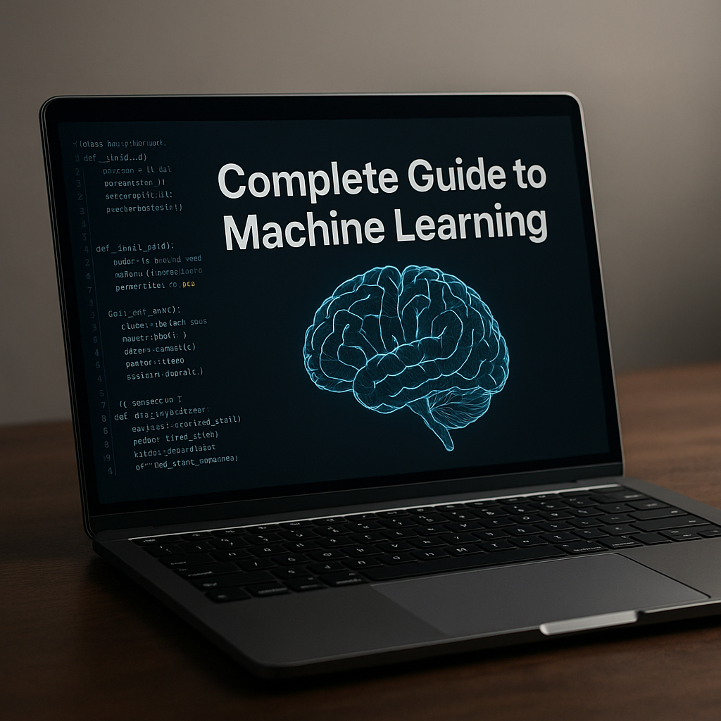 High-resolution professional photo featuring a sleek laptop screen displaying 'Complete Guide to Machine Learning' with a neon-blue neural network graphic under soft, diffused studio lighting
