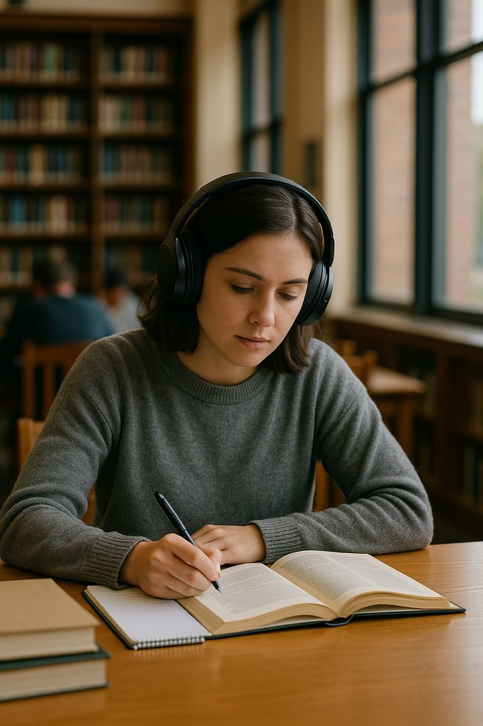 Student wearing black noise-cancelling headphones while studying in a library, writing notes in a notebook with an open book on the desk.