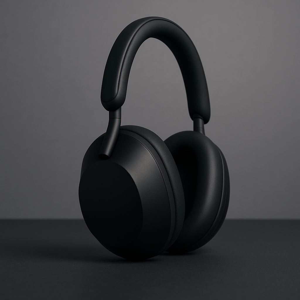 Sony WH-1000XM5 wireless over-ear headphones in matte black, resting on a dark surface with a soft gray backdrop, showcasing their sleek oval ear cups and cushioned headband