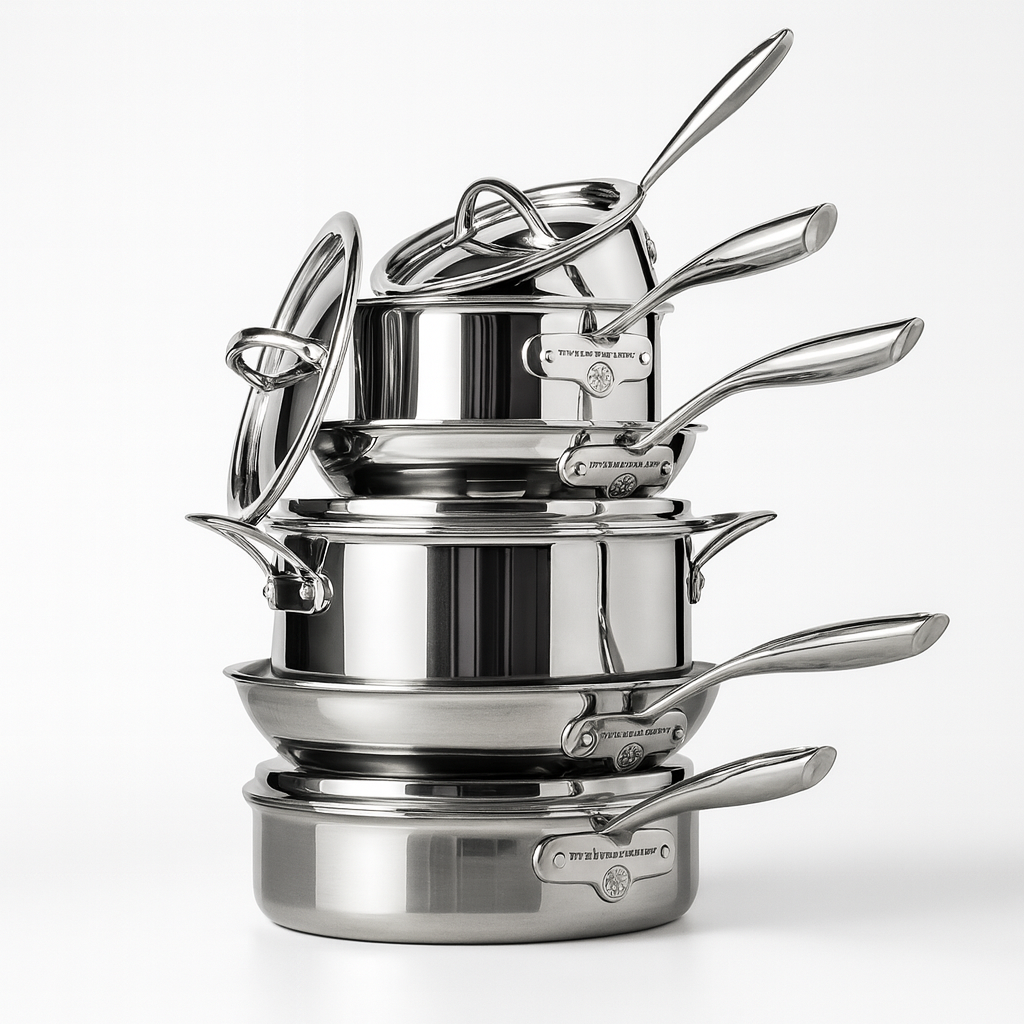 Stack of polished stainless-steel pots and pans with lids from a Williams Sonoma Thermo-Clad set, arranged on a white background with ergonomic handles and a mirror finish.