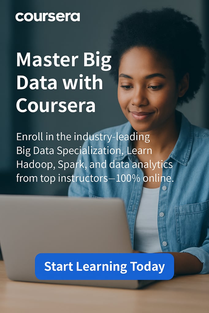 Promotional digital ad for Coursera’s Big Data Specialization featuring a focused student at a laptop with bold text 'Start Learning Today'