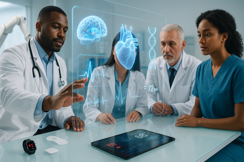 Diverse medical team reviewing a holographic 3D heart, brain, and DNA interface with AR in a bright hospital lab—symbolizing emerging healthcare technologies.