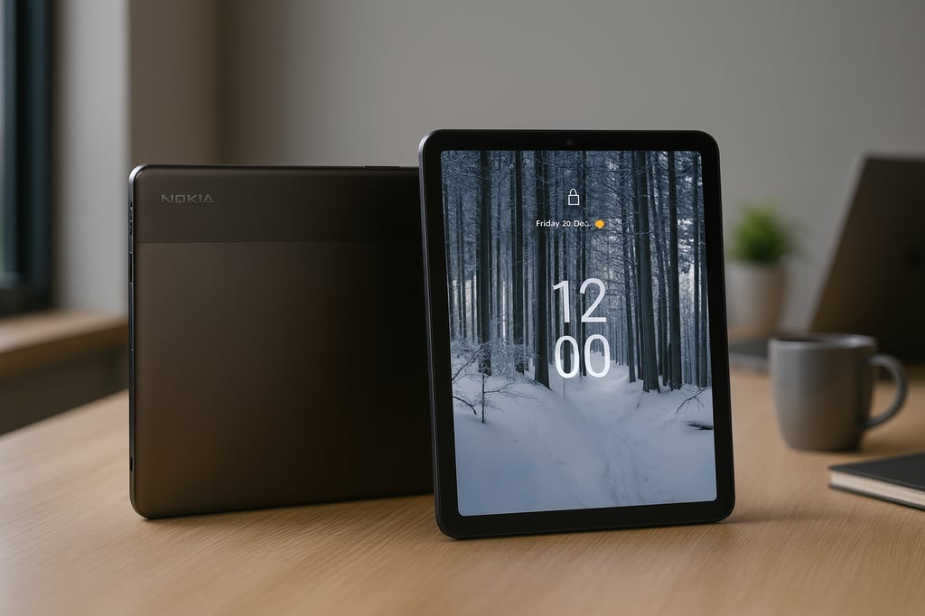 Nokia T21 tablets on a light wooden desk: the front unit stands upright showing a snowy forest lock screen with the time 12:00, while a second tablet behind reveals the matte gray back and camera; softly lit modern office with mug, plant, and laptop blurred in the background.