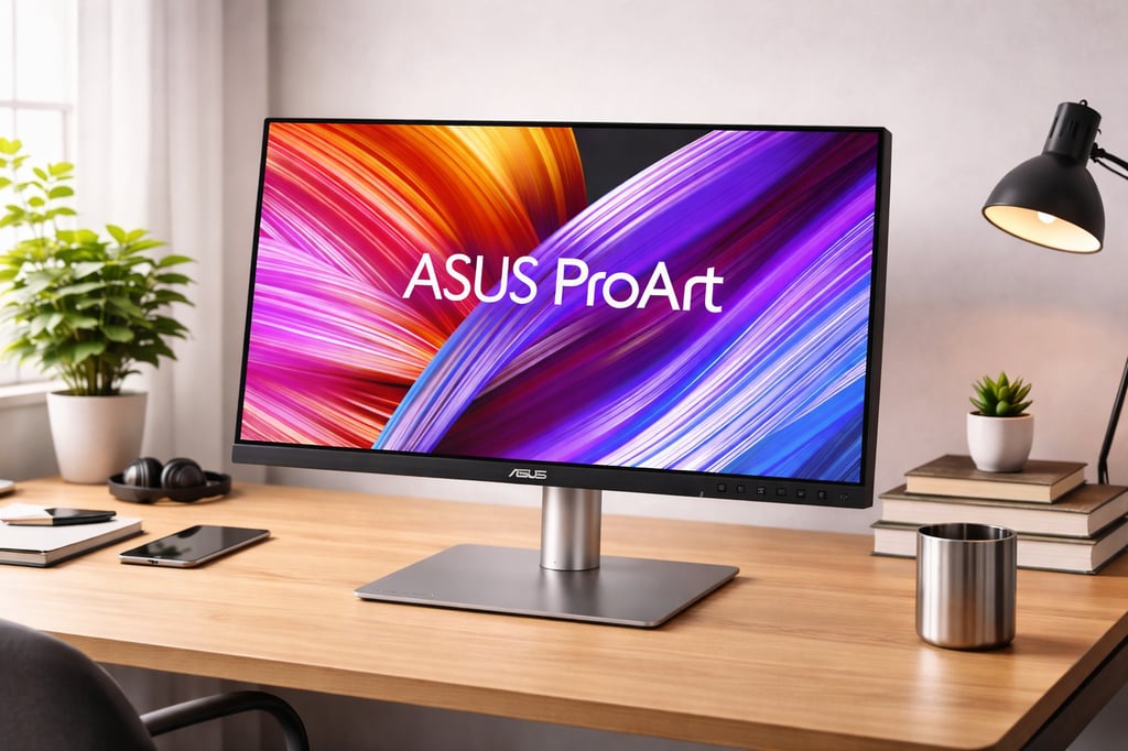 ASUS ProArt monitor on a realistic wooden desk in a bright home office, showing a colorful abstract wallpaper with ASUS ProArt text, alongside a desk lamp, books, phone, and small plants.