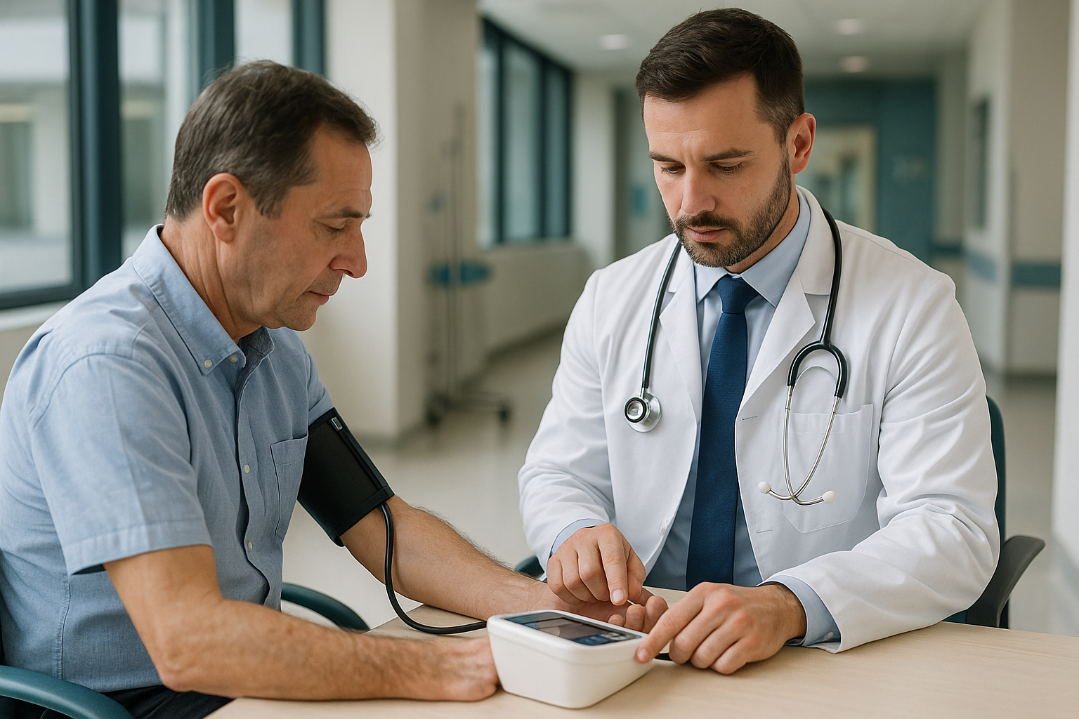 Doctor using a digital blood pressure monitor on a patient’s arm in a modern clinical setting