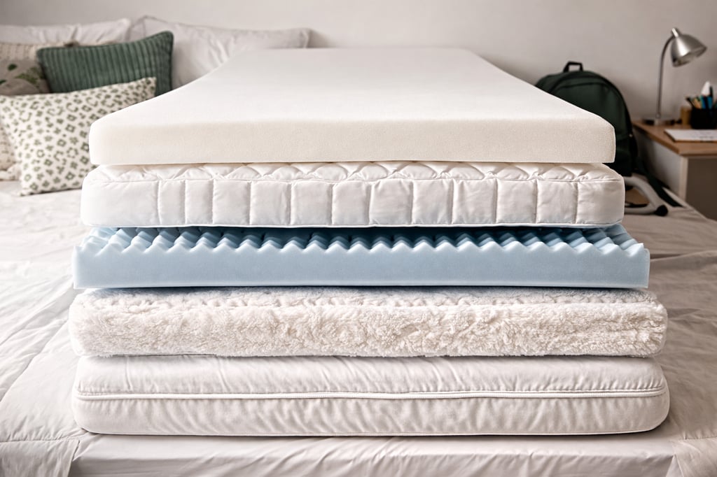 Best Twin XL mattress toppers for dorm beds showing layered memory foam and plush dorm bed comfort setup for college students