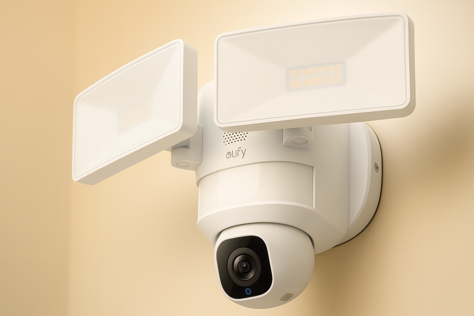 Professional image of a white Eufy floodlight security camera mounted on a beige wall. The device features dual rectangular LED floodlights and a dome-shaped camera unit with a glossy black lens, designed for modern home security.
