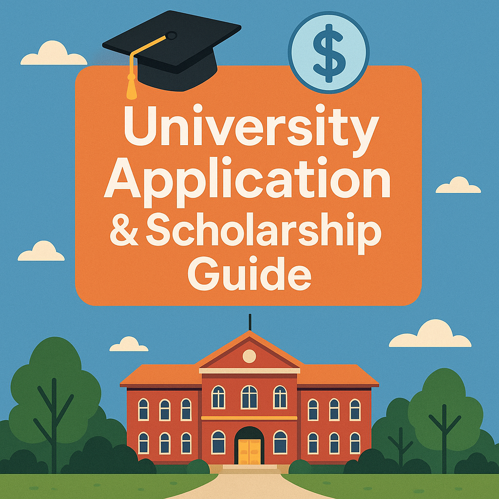 Flat-style illustration of a university campus with a graduation cap and dollar sign for the University Application & Scholarship Guide cover