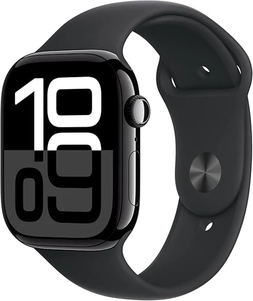 Apple Watch Series 10 in midnight aluminum with black Sport Band, angled view showing bold “10:09” full-screen numerals