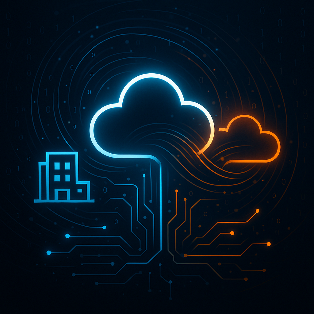 Neon illustration of hybrid cloud architecture: an on-premises building links to a central cloud and a secondary cloud via circuit-board traces over a binary backdrop.