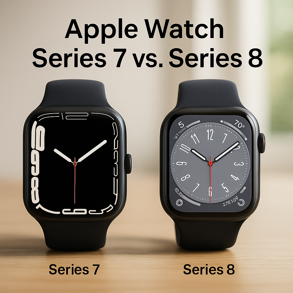 Side-by-side product photo comparing Apple Watch Series 7 and Series 8 on a light wooden desk. Left: Series 7 with a black Contour face and large edge numerals. Right: Series 8 with a gray analog face and red seconds hand. Both in a dark band, with a soft, realistic interior background and the heading 'Apple Watch Series 7 vs. Series 8' above.