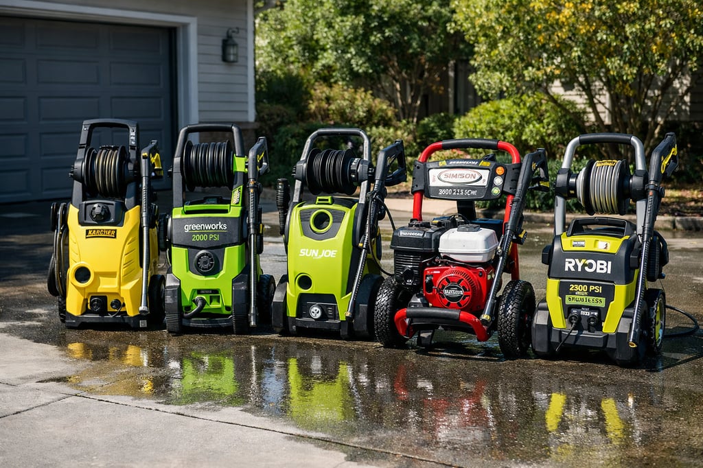 Ultra-realistic lineup of top home pressure washer models standing side by side on a wet driveway in front of a suburban house, with garden greenery in the background.