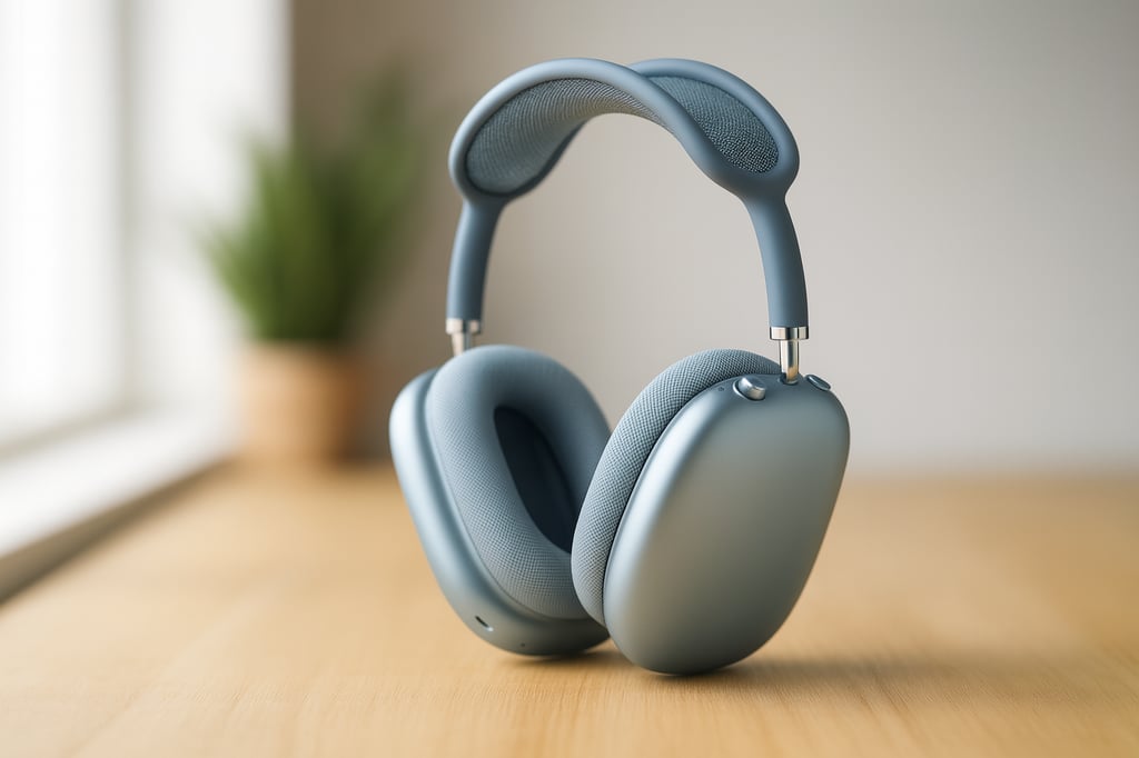 Apple AirPods Max wireless over-ear headphones in sky-blue, standing upright on a light wooden tabletop, softly lit by window light with a blurred interior background.