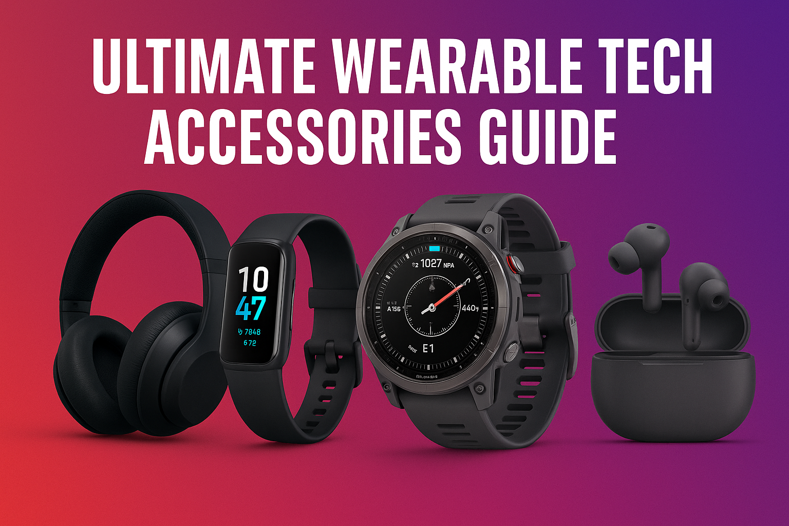 Digital graphic for 'Ultimate Wearable Tech Accessories Guide' featuring four wearable devices: wireless headphones, a sleek fitness tracker, a rugged smartwatch, and wireless earbuds. The devices are displayed against a vibrant magenta-to-purple gradient background with bold white title text above.