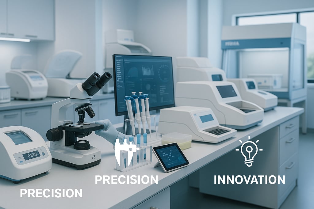Modern medical laboratory workstation with a compound microscope, pipette rack, centrifuge, and automated analyzers on clean counters; a monitor shows data charts while a biosafety cabinet sits in the background—overlay icons read Precision, Efficiency, and Innovation.