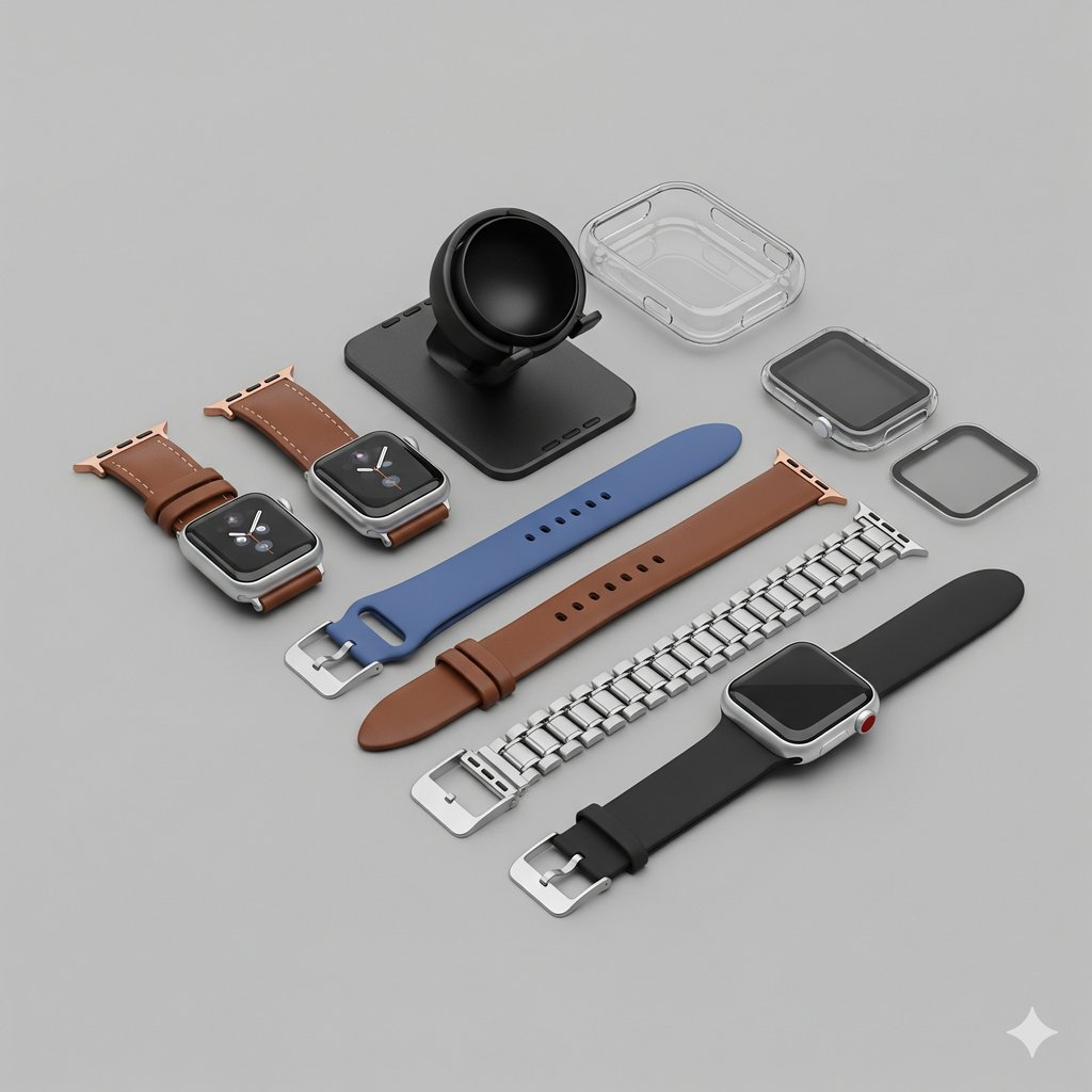 A flat lay of assorted Apple Watch accessories, meticulously arranged on a neutral grey background. The collection features a variety of watch bands, including a classic brown leather strap, a vibrant blue sport band, and a sleek silver metal link bracelet. A black aluminum charging stand holds a Watch, its screen subtly illuminated. A transparent protective case is positioned nearby, alongside a small, rectangular screen protector. The items are neatly spaced, creating a visually appealing composition.