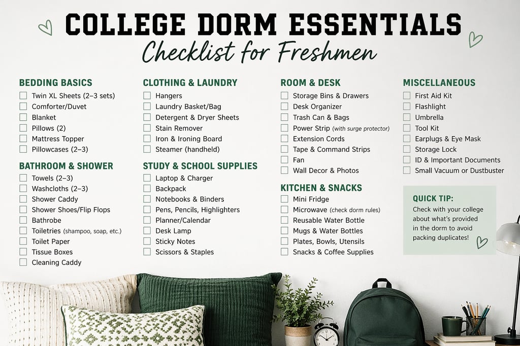 College Dorm Essentials Checklist for Freshmen with must-have dorm room items, study supplies, bedding, toiletries, and storage ideas