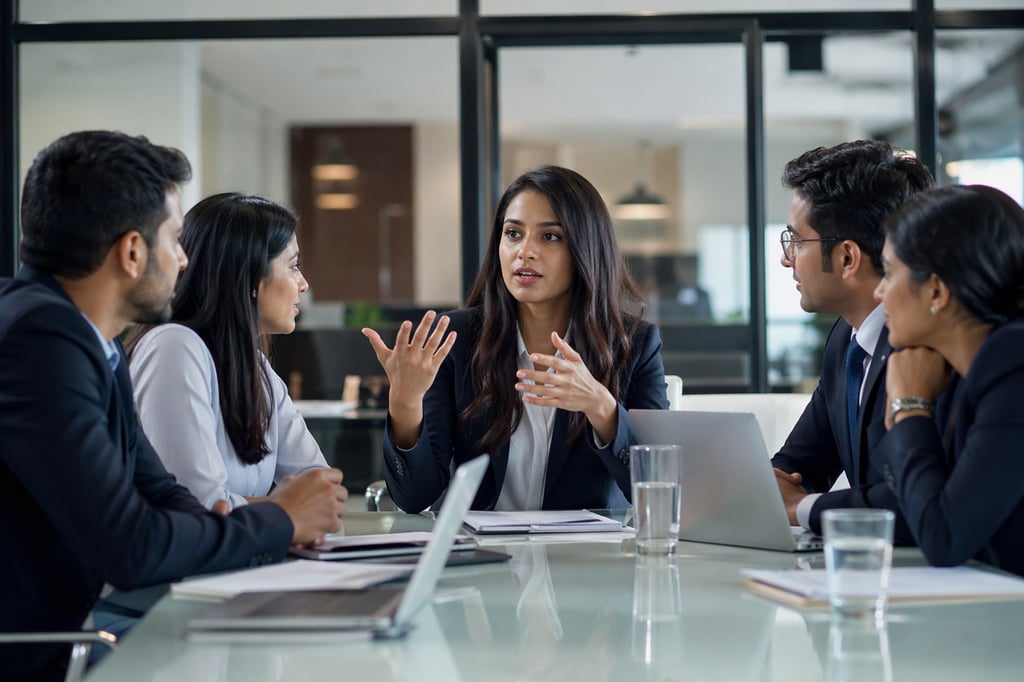 Business professionals discussing MBA accreditation standards in a modern boardroom representing AACSB, ACBSP, and IACBE quality assurance