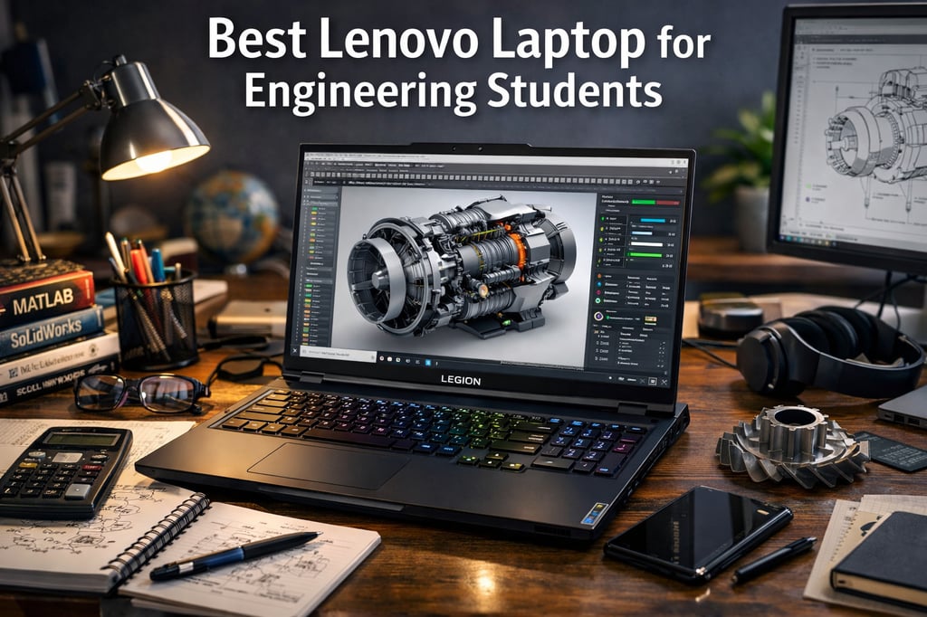 Ultra-realistic study desk setup featuring a Lenovo Legion laptop running engineering CAD software, with textbooks, calculator, notes, and engineering tools—best Lenovo laptop for engineering students.