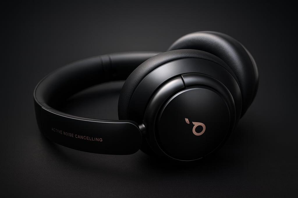 Close-up product photo of black Anker Soundcore life Q30 over-ear headphones with 'Active Noise Cancelling' on the headband, resting on a dark matte background with soft studio lighting.