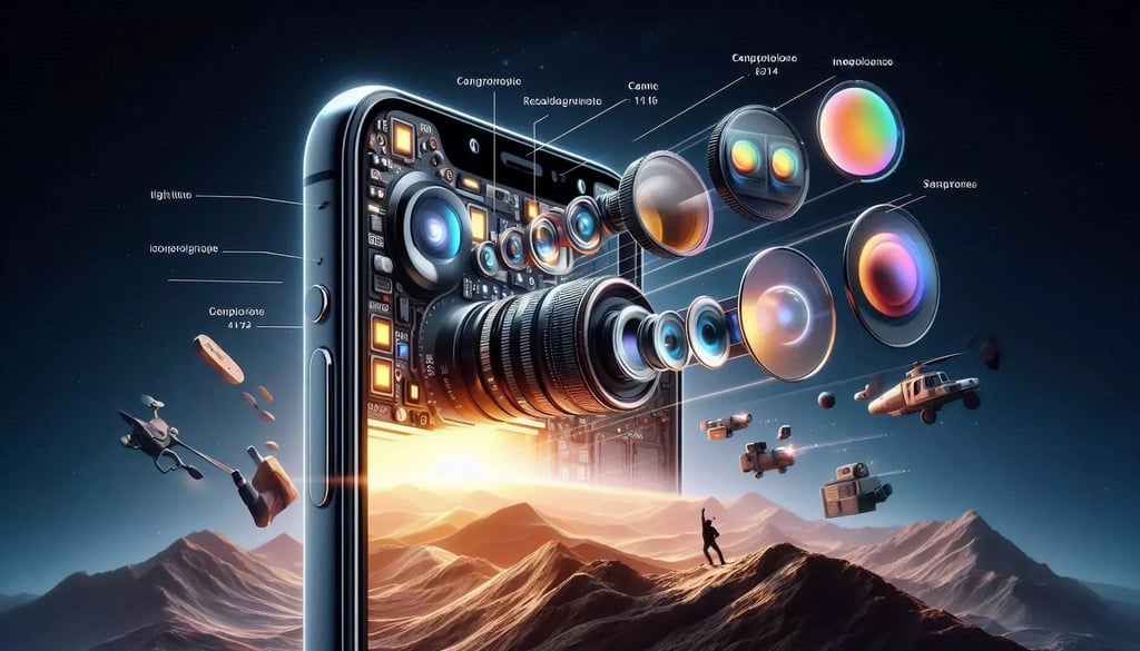Exploded view of a smartphone’s multi-lens camera system—lenses, sensors, and modules floating in space—illustrating iPhone 16 camera upgrades over a mountainous sunset scene.