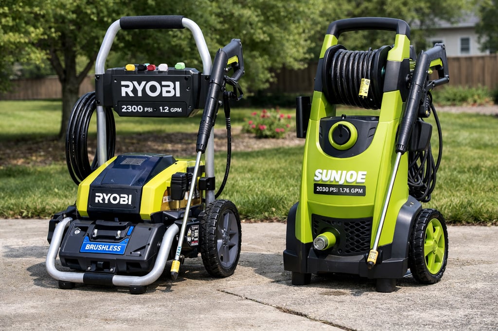 Photo-realistic side-by-side comparison of a Ryobi electric pressure washer (yellow/black) and a Sun Joe electric pressure washer (green/black) on a driveway, showing frames, wheels, hose reels, and spray wands.
