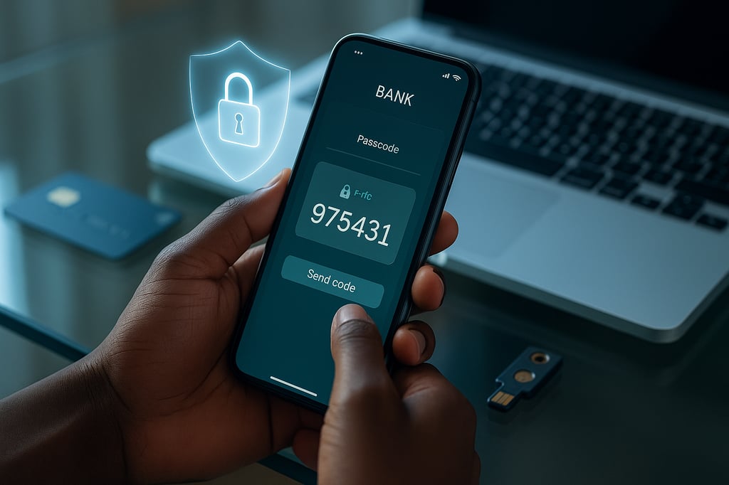 Hands holding a smartphone showing a six-digit 2FA code in a banking app on a glass desk with a laptop, credit card and security key—online banking security.