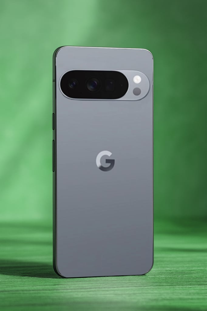 Ultra-realistic professional photo of the Google Pixel 10 Pro XL smartphone. The phone has a matte gray finish with a sleek horizontal triple-lens camera bar and flash. It is standing on a green wooden surface with a softly blurred green background.