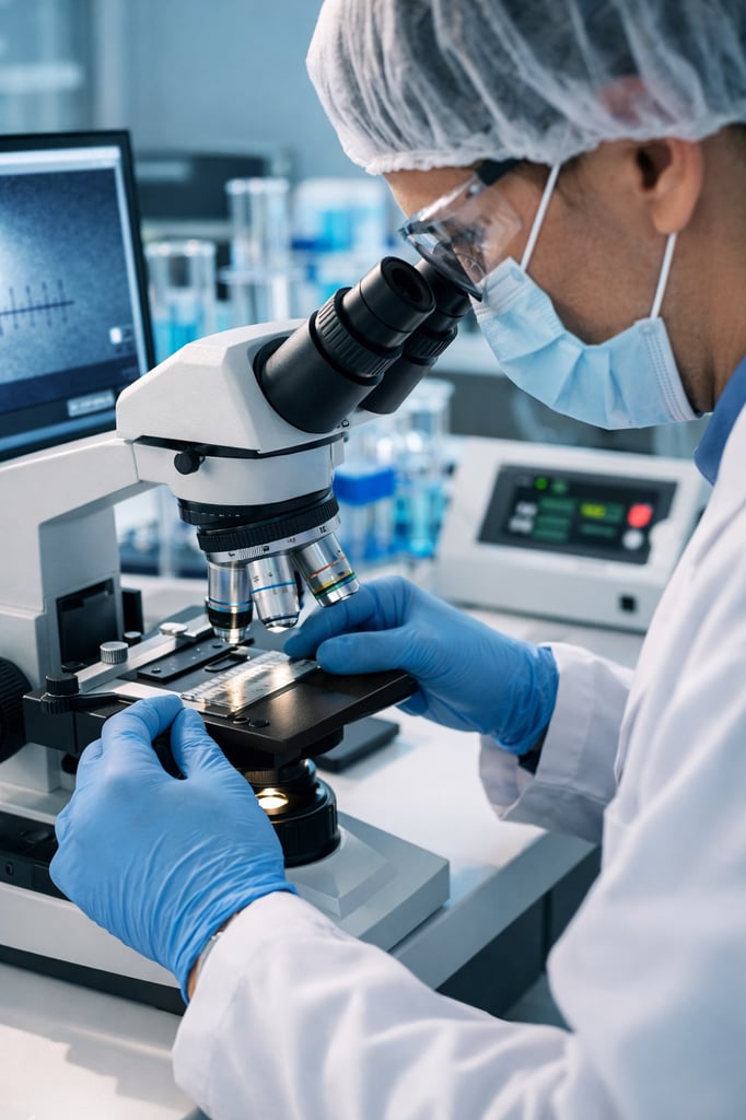 Lab technician wearing a hair cover, safety glasses, and a face mask calibrates a microscope by adjusting a calibration slide on the stage in a modern laboratory setting.