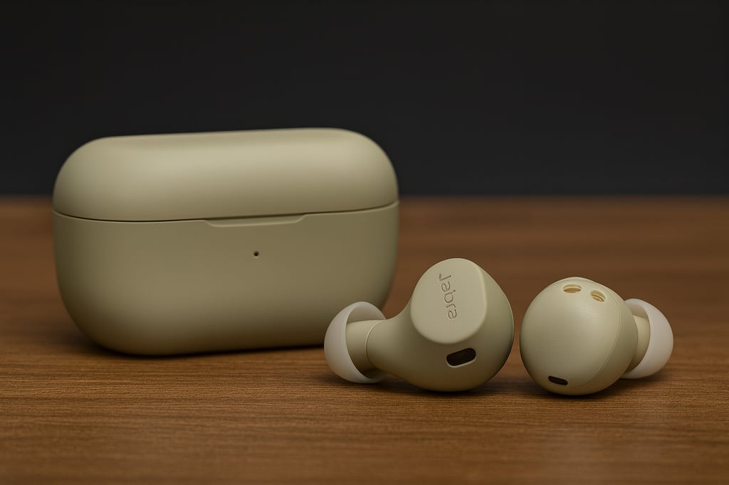 Jabra Elite 8 Active (Gen 2) wireless earbuds in beige with silicone ear tips, displayed alongside their matching charging case on a wooden desk with a dark professional background.