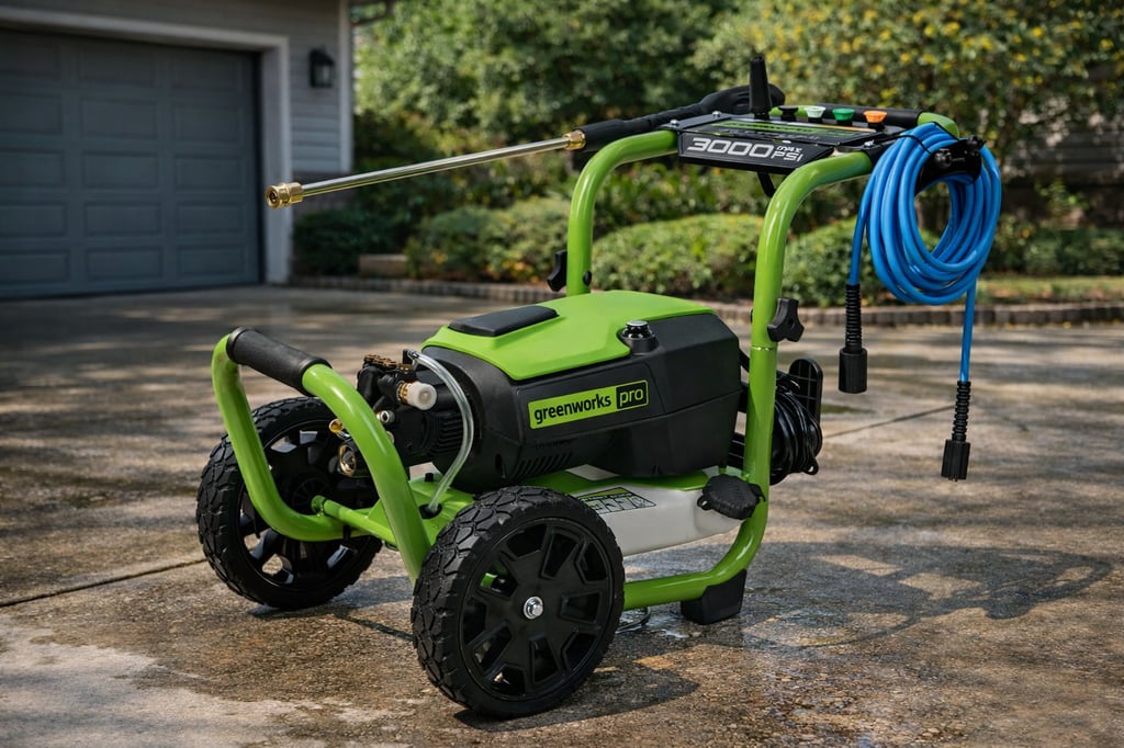 Greenworks Pro 3000 PSI electric pressure washer on a wet residential driveway in daylight, with a gray garage door and green shrubs in the background; blue hose coiled on the handle and spray wand attached.
