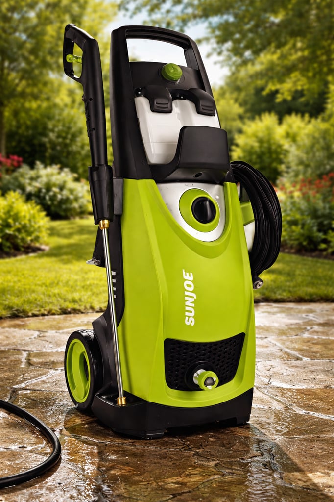 Sun Joe electric pressure washer standing on a stone patio with a garden background, showing the spray wand, hose reel, and dual detergent tanks.