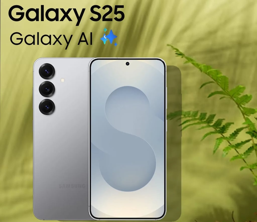 Samsung Galaxy S25 with Galaxy AI branding—front and back of the phone on a green background with fern leaves.