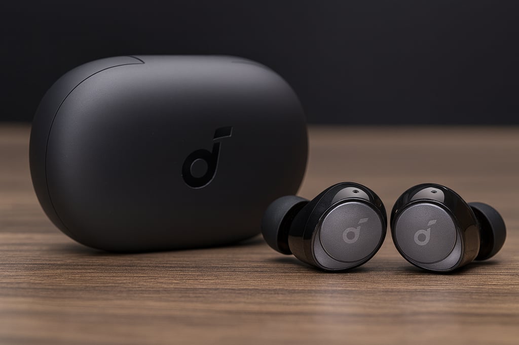 Anker Soundcore Space A40 wireless earbuds with charging case in matte black, displayed on a wooden surface with a dark professional background under soft lighting.