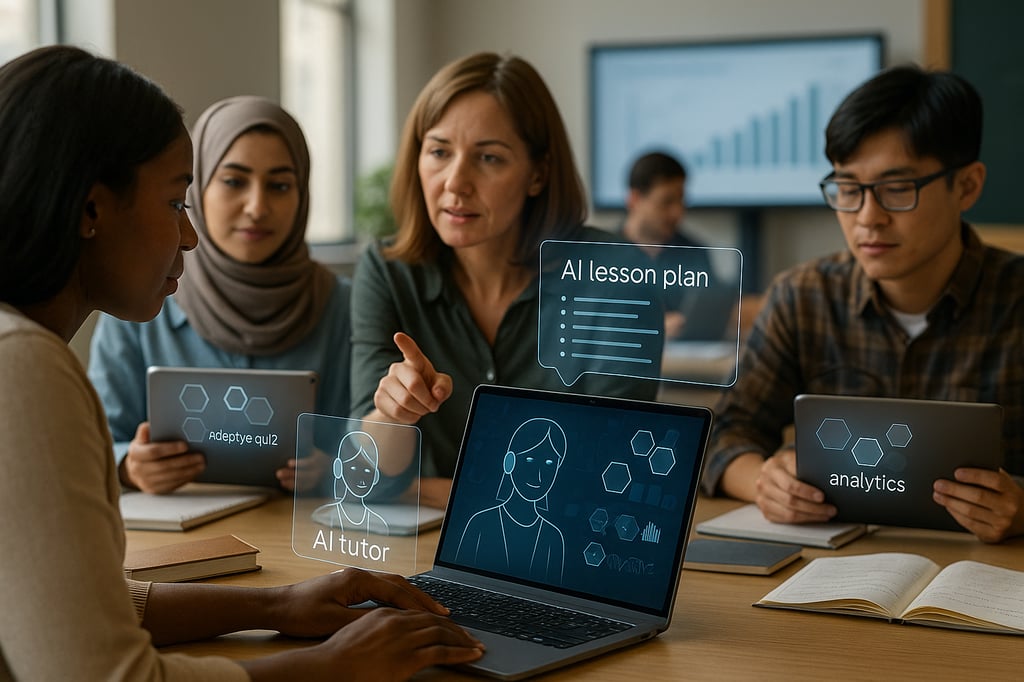 Sunlit classroom scene with a diverse teacher and students using AI tools—‘AI tutor’, ‘AI lesson plan’, and ‘analytics’ overlays—on a laptop and tablets, illustrating best AI tools for education in 2025.