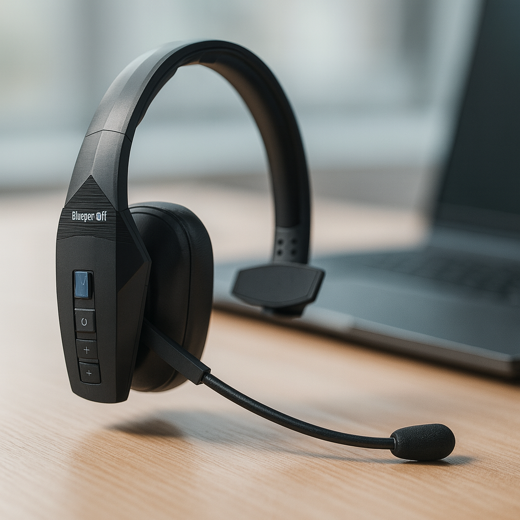 Ultra-realistic photo of a BlueParrott mono Bluetooth headset with boom mic resting on a clean wooden desk, with a softly blurred laptop in the background for a modern professional look.