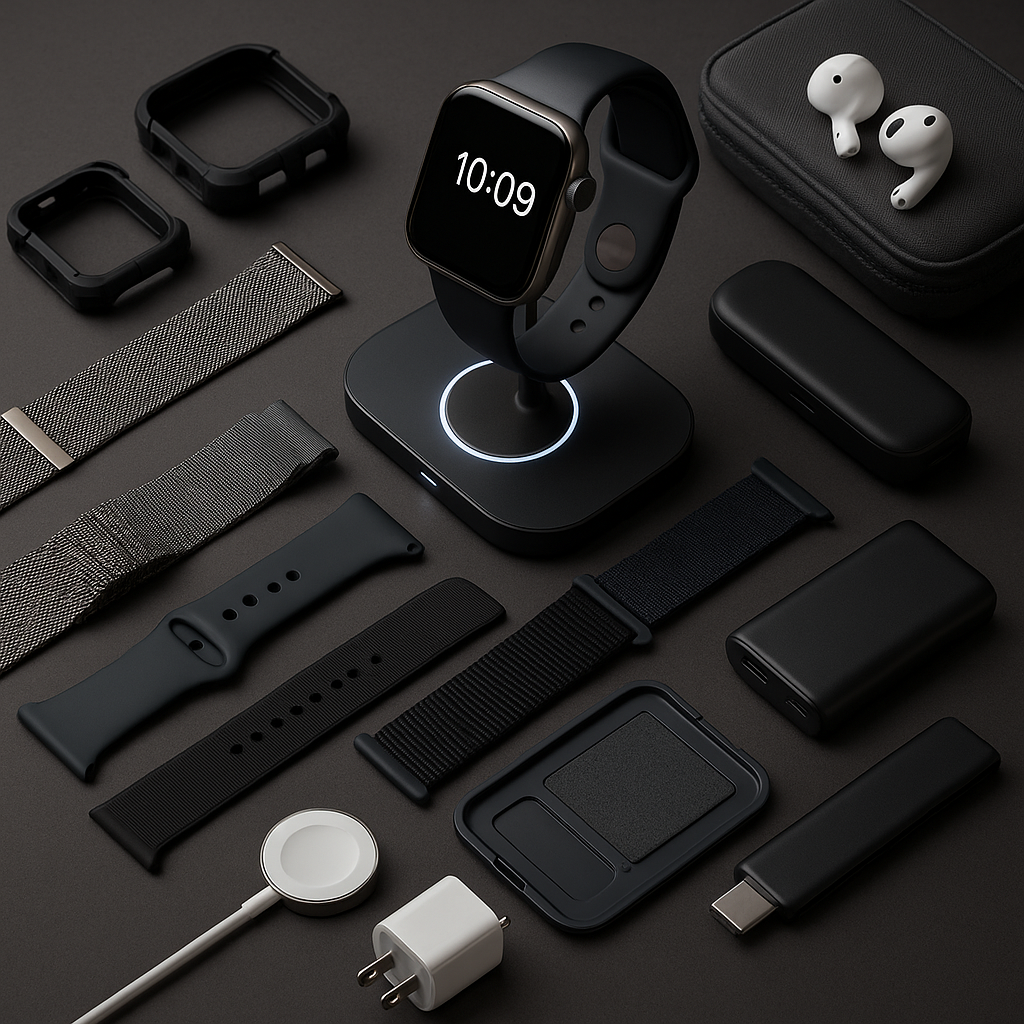 Best Apple Watch Accessories — top-down shot of an Apple Watch on a MagSafe stand surrounded by bands, rugged cases, earbuds, and charging gear on a dark matte surface.