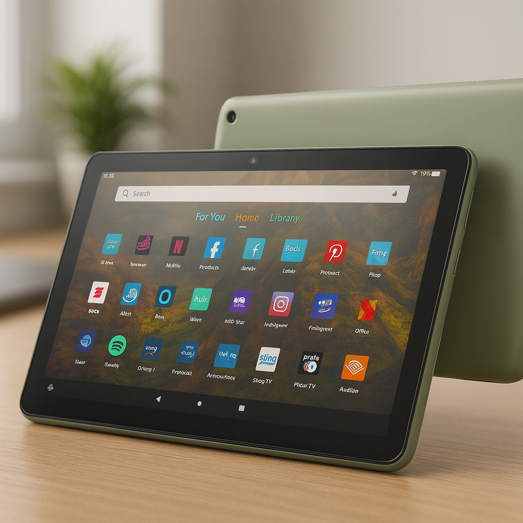 Amazon Fire HD 10 tablet in sage green on a light wooden desk, foreground unit showing the Fire OS home screen with app icons while a second tablet sits behind it; softly lit modern office background.