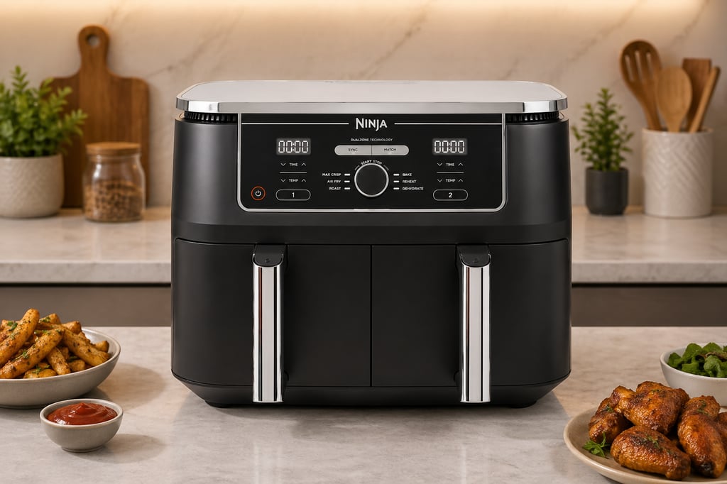 Ninja dual basket air fryer in a modern kitchen with fries and chicken wings, ideal for large families and cooking multiple meals at once