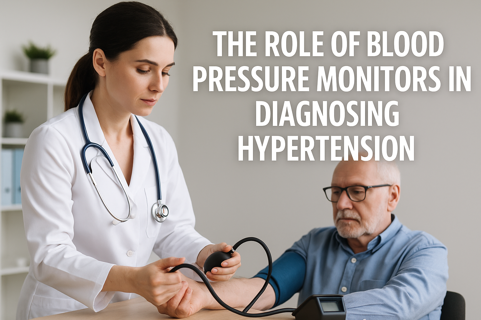 A healthcare professional measuring an elderly man's blood pressure in a medical office with overlaid text reading 'The Role of Blood Pressure Monitors in Diagnosing Hypertension'