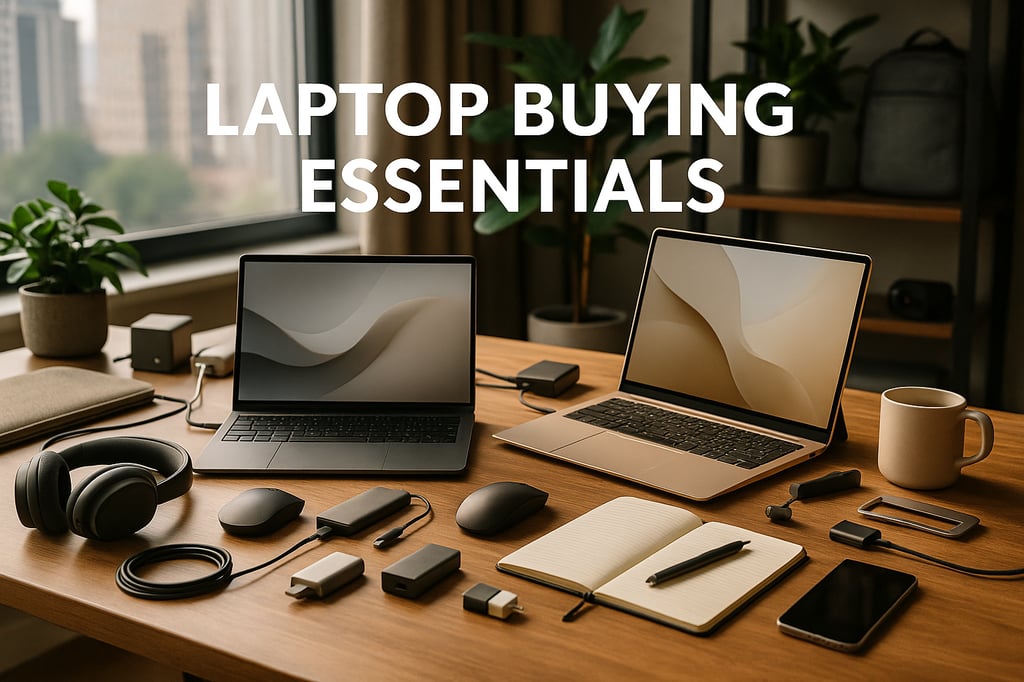 Realistic home-office scene titled “Laptop Buying Essentials”: two open laptops (space-gray and gold) on a wooden desk with accessories—headphones, mouse, USB-C hubs, external drives, notebook, smartphone, and a coffee mug—set against a sunlit window with plants and shelves softly blurred in the background.