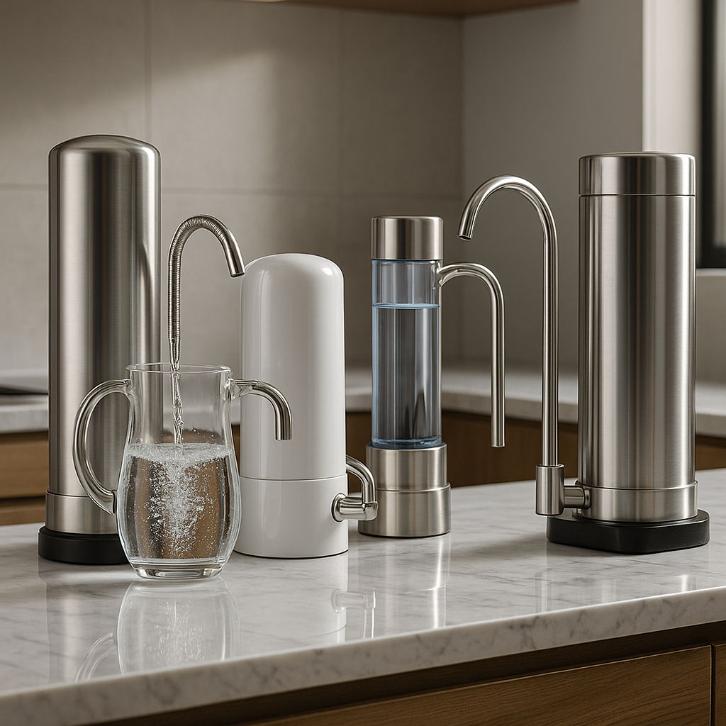 Four sleek countertop water filtration systems on a polished marble kitchen countertop, one pouring water into a glass pitcher in a modern, naturally lit setting