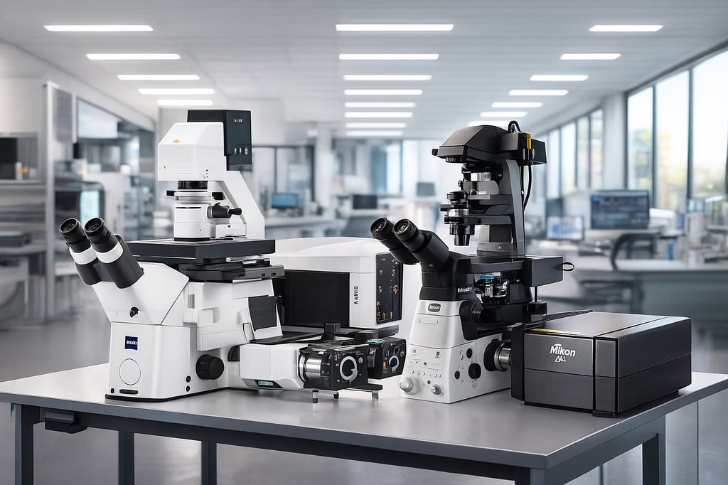 Side-by-side Nikon A1 and Zeiss LSM confocal microscopes on a laboratory bench, illustrating a direct comparison of advanced laser scanning microscopes for research imaging