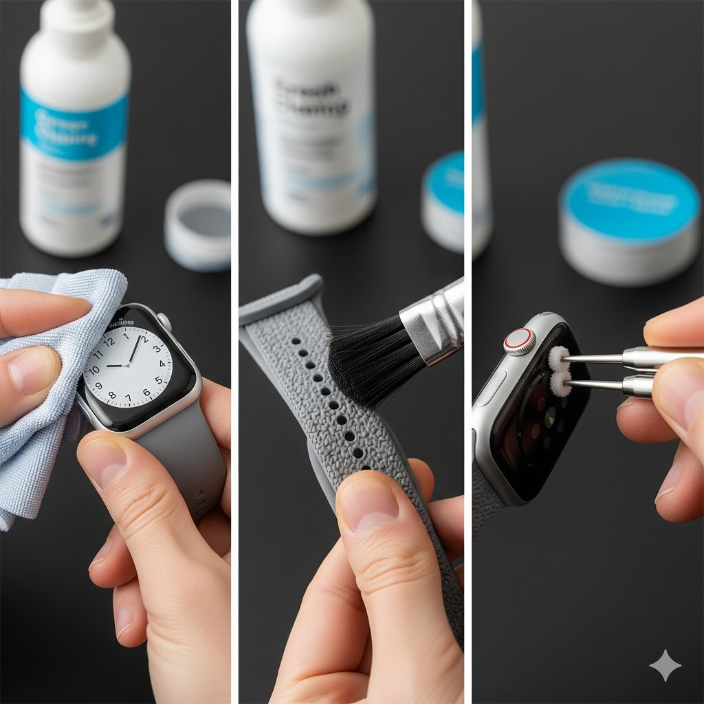 A triptych image showing three close-up shots of a person maintaining an Apple Watch. The left panel shows the watch face being wiped with a cloth, the middle shows a brush cleaning the watch band, and the right shows a tool cleaning the digital crown.