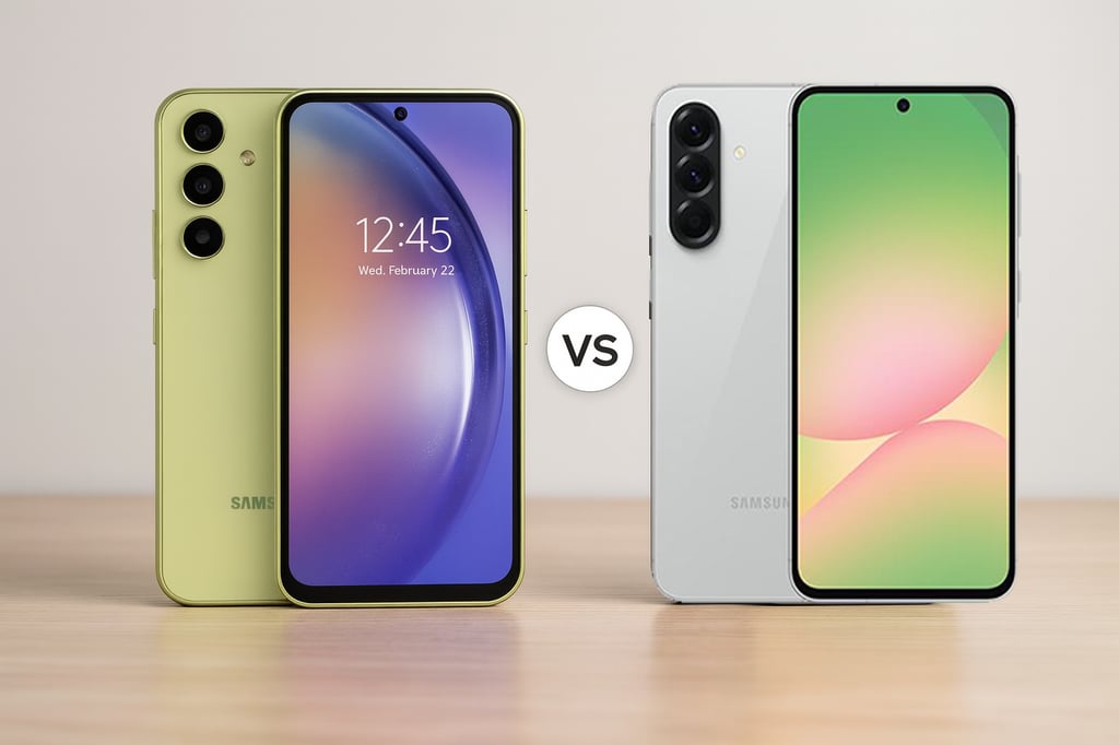 Samsung Galaxy A54 in lime green and Galaxy A56 in graphite side-by-side on a wooden surface, each showing both front and back design with their displays on.