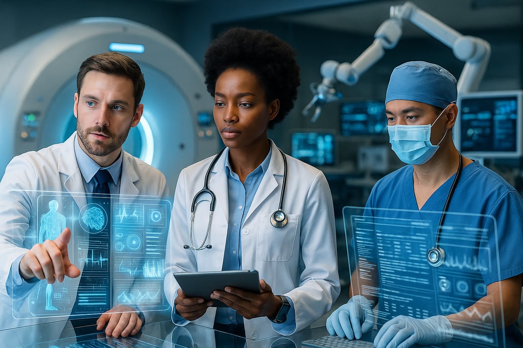 Healthcare professionals in a modern hospital reviewing holographic medical data and electronic health records on advanced digital displays and a tablet.