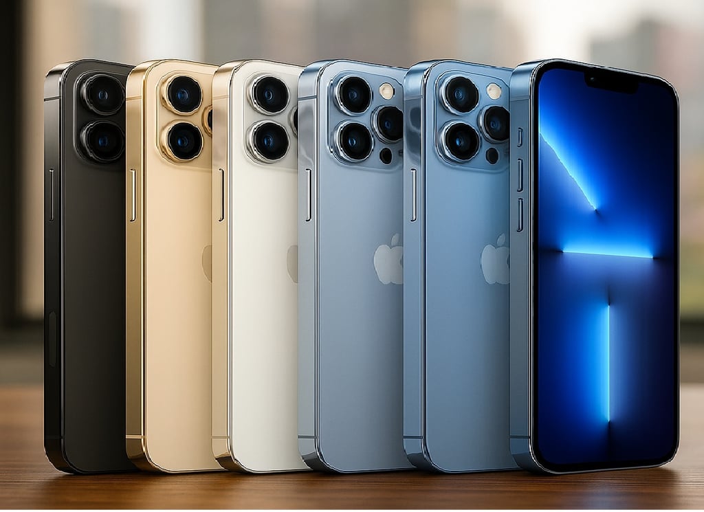 Five iPhone 13 Pro models lined up on a wooden desk with a soft, blurred city-window background: graphite, gold, silver, and two blue finishes, with the rightmost phone showing a bright blue display.