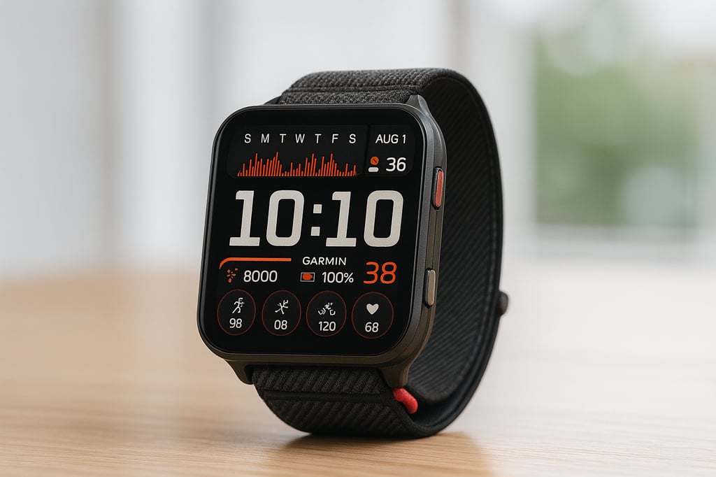 Ultra-realistic studio photo of a Garmin Venu X1 smartwatch a square black case and vibrant digital display showing time, date, heart rate, and activity stats, placed on a light wooden surface with a clear, softly blurred background; screen shows 10:10 and health metrics widgets.