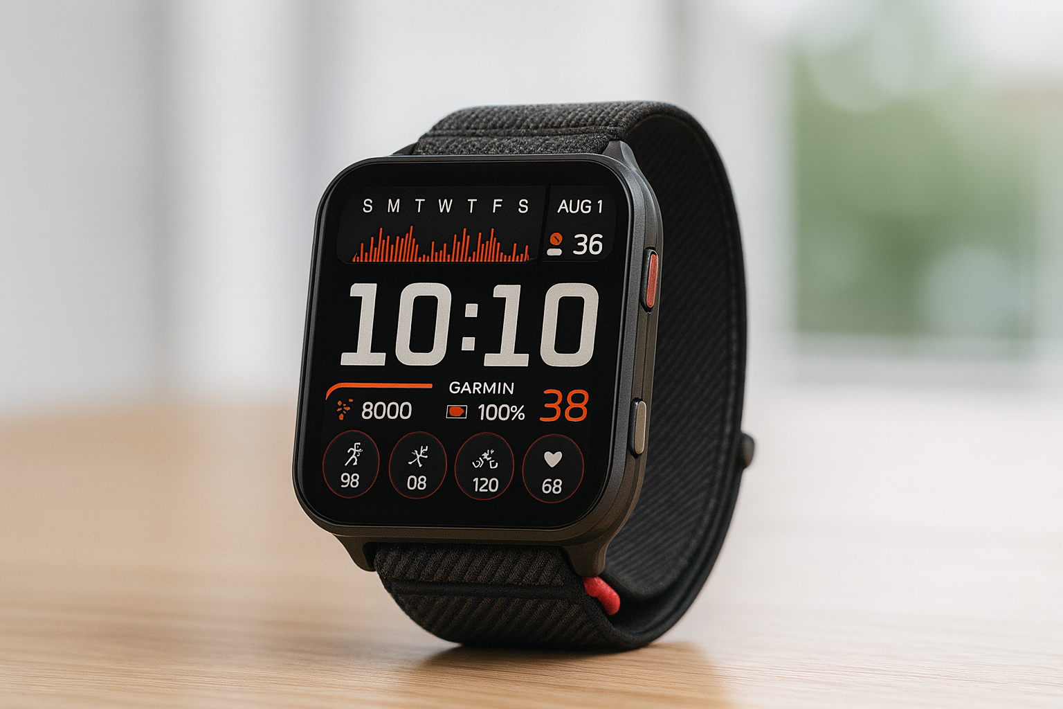 Ultra-realistic studio photo of a Garmin Venu X1 smartwatch a square black case and vibrant digital display showing time, date, heart rate, and activity stats, placed on a light wooden surface with a clear, softly blurred background; screen shows 10:10 and health metrics widgets.