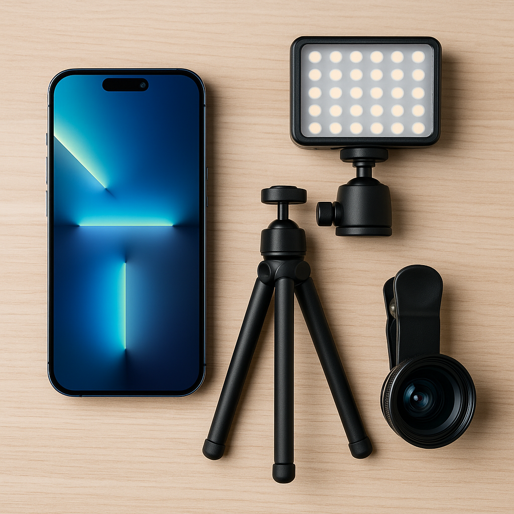 Smartphone with tripod, clip-on lens, and LED fill light neatly arranged on a light wooden surface, illustrating essential accessories for smartphone photography.